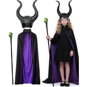 Girls Dark Fairy Costume Kids Mistress Evil Witch Horns Cloak Scepter Cosplay Set for Halloween 6-14 Years
