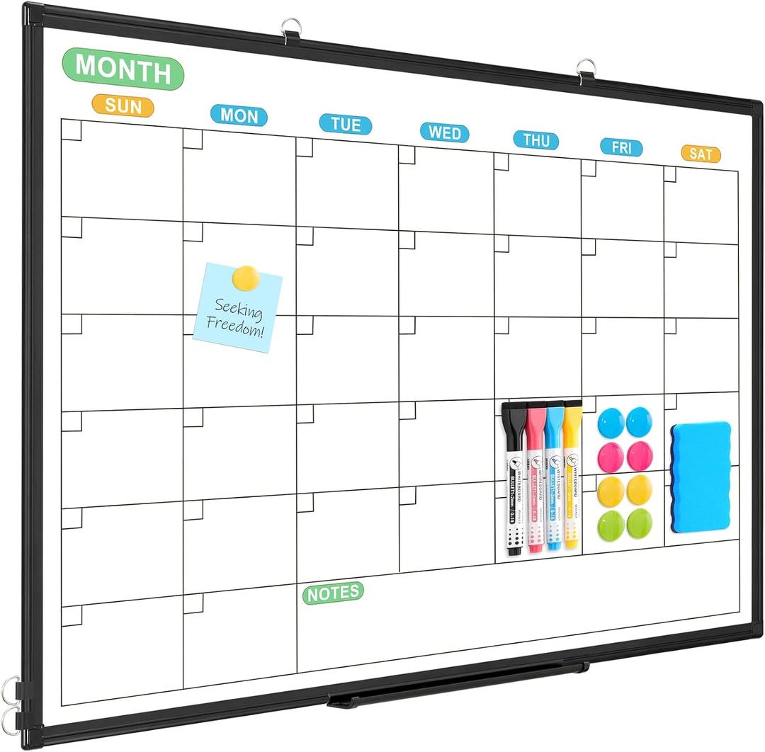 WALGLASS Dry Erase Calendar Whiteboard for Wall, 36" x 24" Double-Sided Monthly Calendar White Board with Black Aluminum Frame, Hanging or Wall Mount Whiteboard for Home, Office, School