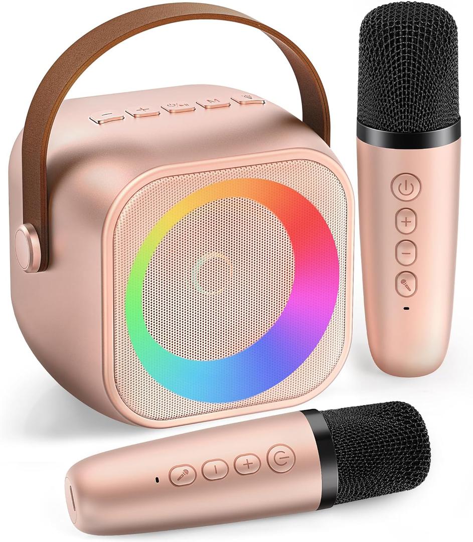 Mini Karaoke Machine, Portable Bluetooth Karaoke Speaker with 2 Wireless Microphones and Party Lights for Kids and Adults, Birthday Gifts for Girls Boys Family Home Party (Rose Gold)