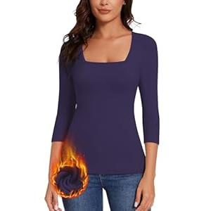 WOWENY Thermal Shirts for Women Square Neck Fleece Lined 3/ 4 Sleeve Tops Base Layer Soft Warm Underwear Cold Weather Blue L
