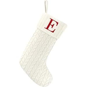 Paulmele 20 Inches Christmas Stockings with Initials, Knit Embroidered Letter White Christmas Stocking, Monogram Christmas Stocking for Famliy Holiday and Xmas Tree Fireplace (Letter E)