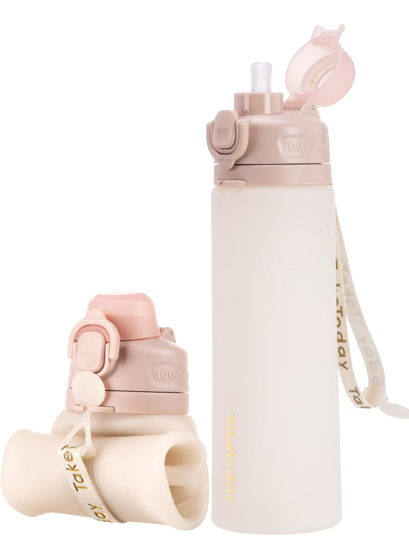 Collapsible Water Bottles 20oz, Leak Proof, BPA-Free, Foldable Silicone Travel Water Bottle with Straw Strap for Cycling, Hiking, Outdoors