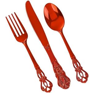 Joyido 48PCS Red Plastic Silverware - Elegant Disposable Utensils - Heavy Duty Vintage Red Cutlery Sets Includes 16Forks, 19Spoons, 13Knives for Catering Dinner Christmas Party Wedding