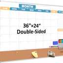 Monthly Calendar Dry Erase Board 36x24 Inch, Double-Sided Whiteboard and Corkboard Combo with Silver Aluminum Frame (Color Calendar), Wall Mounted Planer with Marker, Magnet, Push Pin, Eraser
