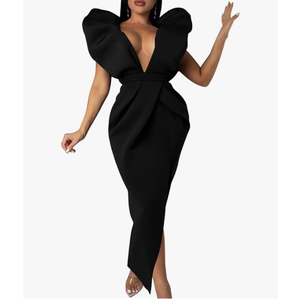 Memoriesea Women's Sexy Deep V Neck Puff Sleeve Side Split Ruched Backless Gown Dress.XL