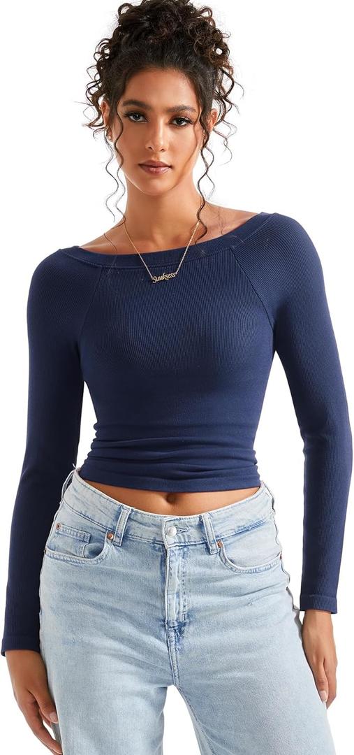 SUUKSESS Women Spring Modal Ribbed Top Boat Neck Long Sleeve Shirts Basic Going Out T Shirts (Large, Navy Blue)