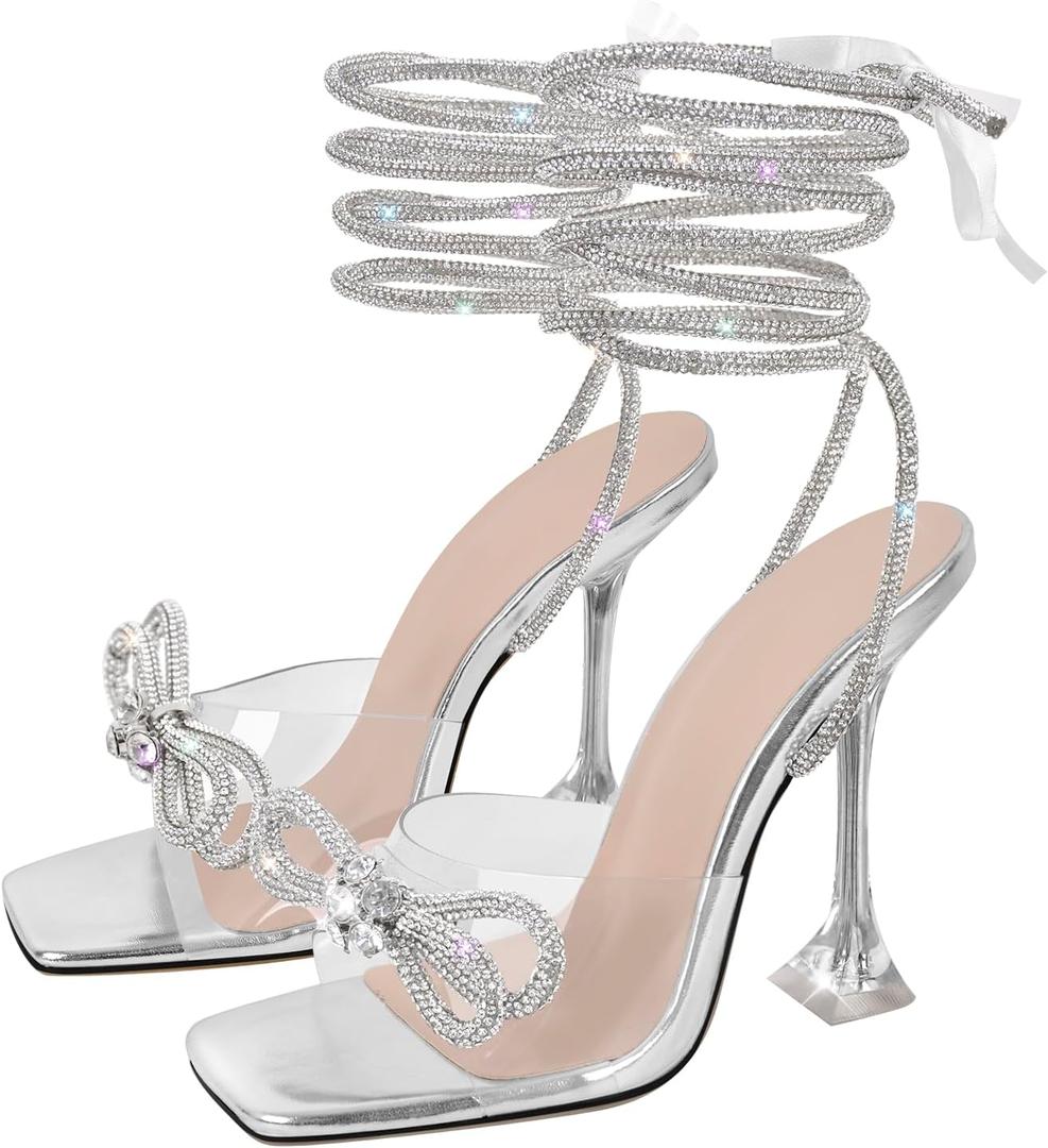 sexytag Clear Heels Diamante Bow Heels Lace Up Strap Rhinestone Sparkly Stiletto Heel Sandals (11, Silver)