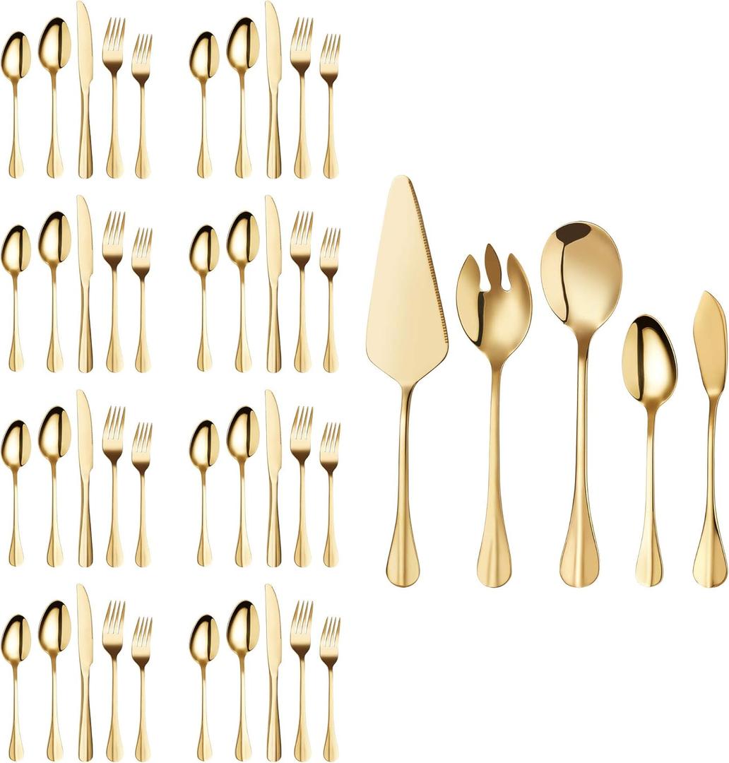 Gold Silverware Flatware Set, HF HOFTEN 45-Piece Stainless Steel Durable Cutlery Serving Set, Service for 8, Modern Elegant Design for Home/Hotel/Restaurant, Mirror Polished & Dishwasher Safe
