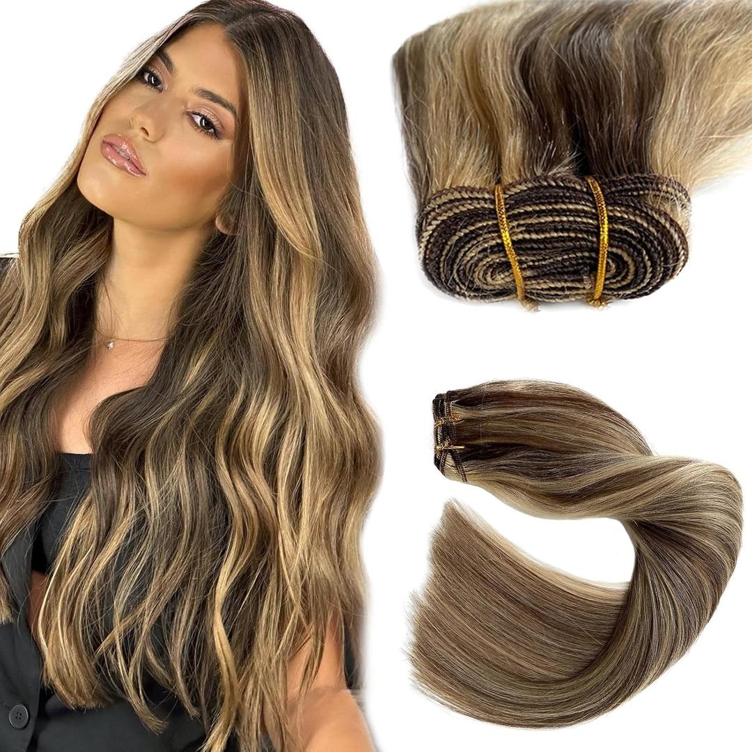 Sew in Hair Extensions Real Human Hair, Balayage Ash Brown to Honey Blonde Highlights Weft Hair Extensions Human Hair,14Inch 80G Hand Tied Weft Hair Extensions Human Hair Sew in Extensions for Women