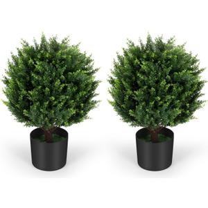 21''T Artificial Cedar Topiary Ball Tree 2 Pack, Outdoors Artificial Shrubs Fake Plants Uv Rated Potted Plants for Outdoor, Indoor, Front Door, Office Decor.
