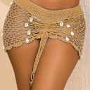 Women's Beach Crochet Hollow Out Shell Cover-Up Skirt Bikini Swimwear Wrap (Medium, Khaki)