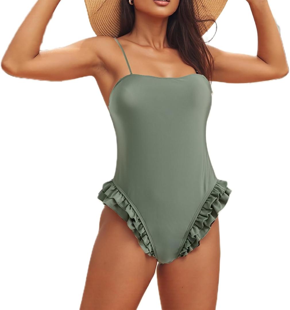 Mxiqqpltky One Piece Womens Swimsuits Y2k Ruffle Bathing Suit Spaghetti Strap Square Neck Tummy Control Slimming Swimwear (Green, L)