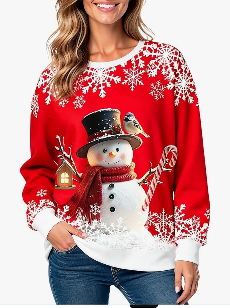 Christmas Sweatshirts for Women:Funny Snowman Printing Xmas Holiday Crewneck Long Sleeve Pullover Top, Size: M