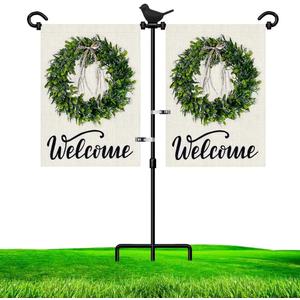 Garden Flag Stand Holder for Double Flags with Bird Garden Flag Stopper and Anti-Wind Clip 37H x 30W Black Wrought Iron Yard Season Flag Pole for 2 Flags Outdoor