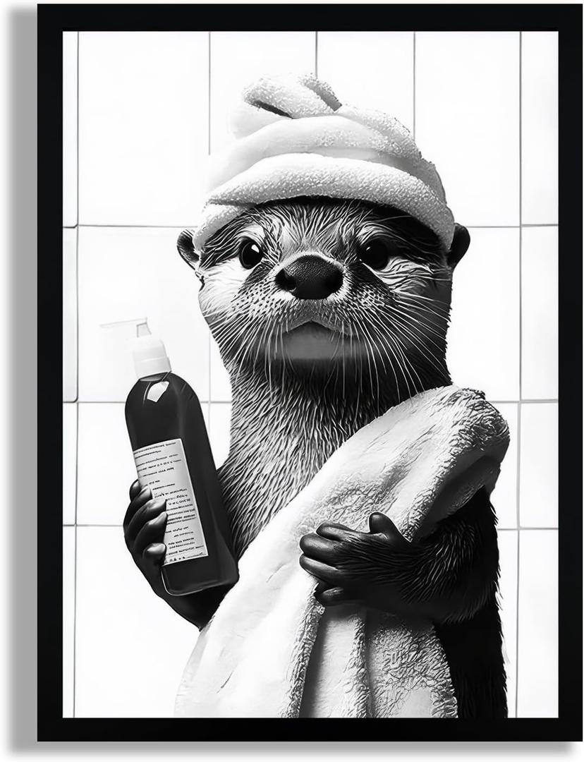 SYWENNOI Framed Otter Bathroom Canvas Wall Art Black and White 16x24 inches