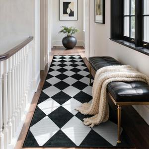 Beeiva Checkered Print Runners for Hallways 2.5x8, Ultra Thin Black Kitchen Runners Non Skid Washable 8 ft, Modern Diamond Stain Resistant Low Pile Carpet for Bathroom Entryway Bedroom Laundry (Blcak)