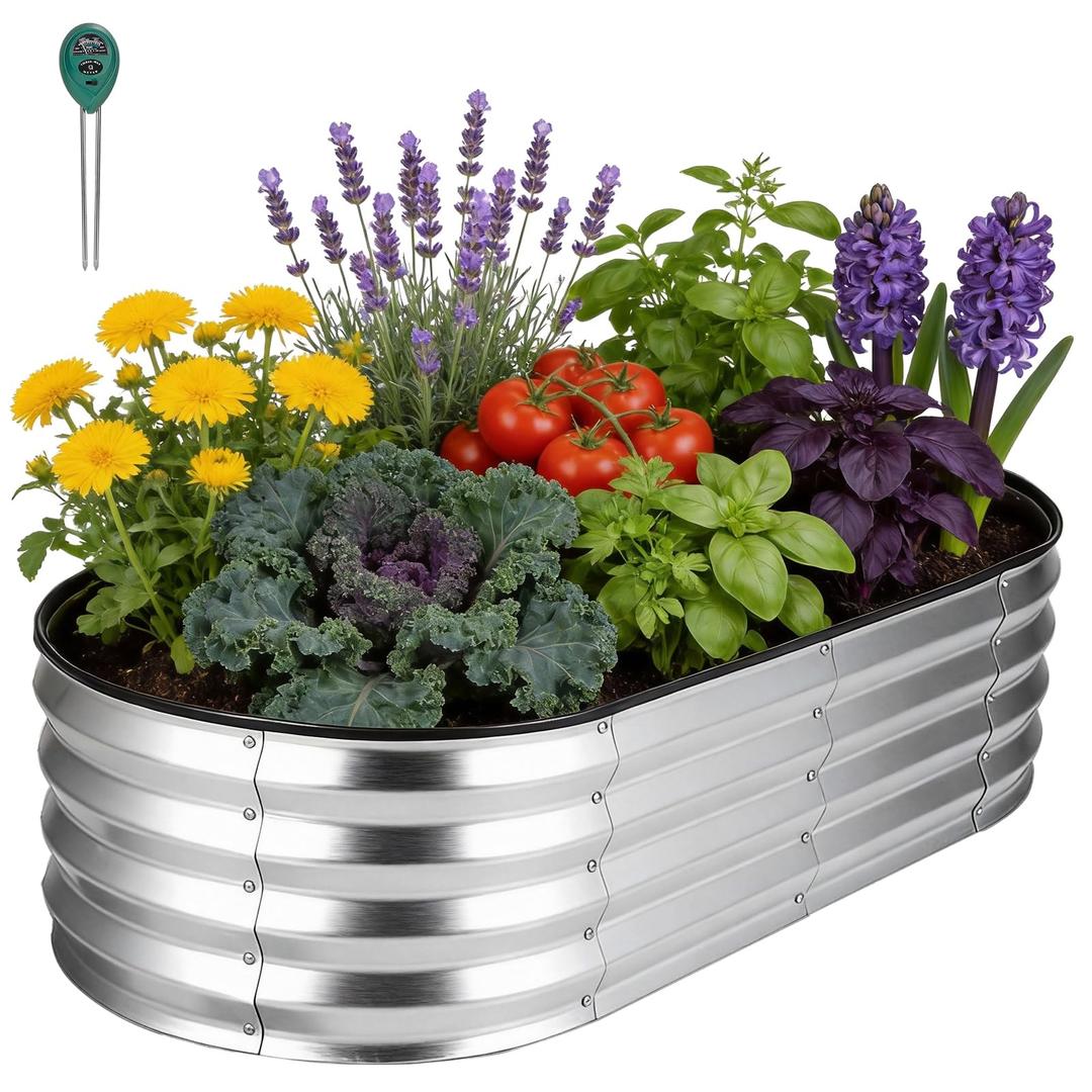 Chiyhshaa Galvanized Raised Garden Bed 6x3x1ft, Rust-Resistant Metal Oval Planter Box Outdoor, Easy Assembly Planting Bed Kit for Vegetables, Fruits, Herbs - Silver
