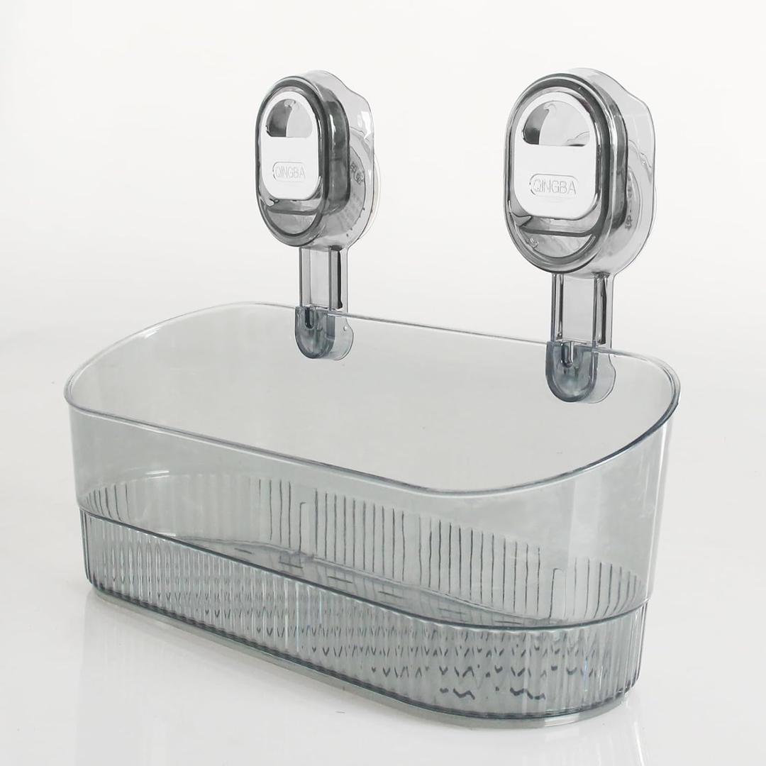 No Drill Bathroom Organizer with Strong Suction Cups, Heavy Duty Shower Organizer Holds 10lbs, Bathroom Shelf for Shampoo, Soap, Razor, Toothbrush (transparent gray)