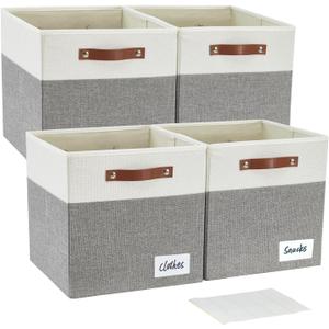 Collapsible Fabric Storage Cube Bins with 2 Reinforced PU Handles, Foldable Storage Organizer Baskets for Closet, Shelves, Living Room | 13"x13"x13", Pack of 4, Gray & White
