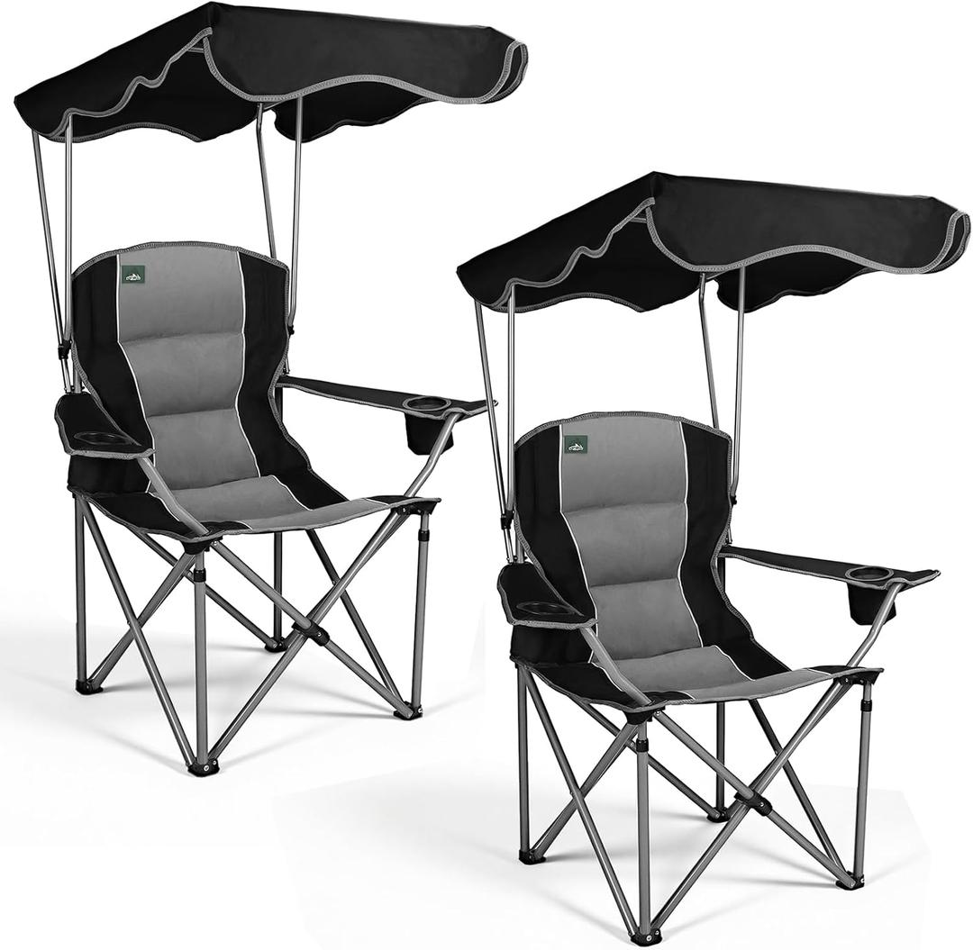 Northroad 2 Pack Folding Camping Chairs with Canopy Shade, Beach Chair w/Cup Holders, Armrests & Carry Bag for Outdoors Travel Sports Fishing, Black, 22" L x 38.58" W x 38.9" H