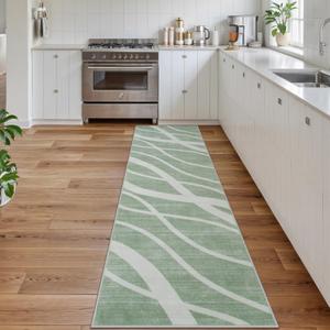 Hedlive Modern Waved Print Runners for Hallways, 2.5x8 Sage Green Washable Runner Rug, Non Slip Low Pile Kitchen Runners, Soft Abstract Neutral Striped Carpet Runner for Bedroom Laundry