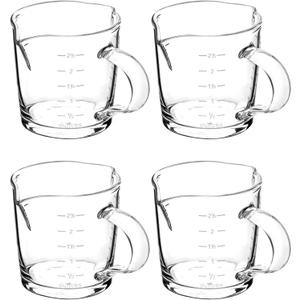 QWORK Espresso Shot Glass with Handle, 4 Pack 3-Ounce Double Spout Glass Measuring Cup Triple Pitcher Milk Cup with Two Scales (OZ&ML)
