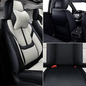 Auto Car Seat Covers Accessories Full Set Leather Cushion Protector Breathable Waterproof Seat Cover for Cars Universal Fit (Black&White, Front Pair and Rear)