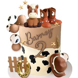 JeVenis Cowboy Rodeo Cake Topper Cowboy Western Horse Cake Decorations Cowboy Hat Birthday Cowgirl Boots Cake Topper Cow Balls Cake Decoration (Brown)