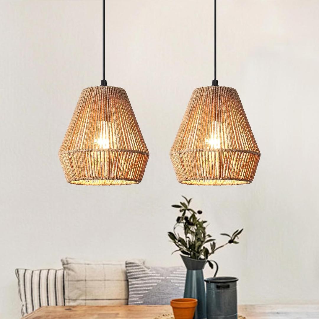 2 Pack Rattan Pendant Lights 7 Wicker Pendant Light Kitchen Island Boho Hanging Lamp with Handwoven Woven Rattan Shade Farmhouse Coastal Hanging Light for Bedroom Dining Room Foyer Hallway (2Pack)