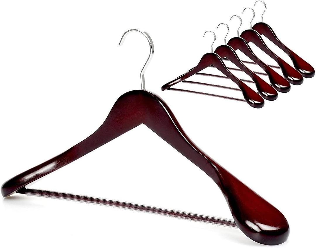 TOPIA HANGER Set of 6 Luxury Mahogany Wooden Coat Hangers, Premium Wood Suit Hangers, Glossy Finish with Extra-Wide Shoulder, Thicker Chrome Hooks & Anti-Slip Bar CT02M