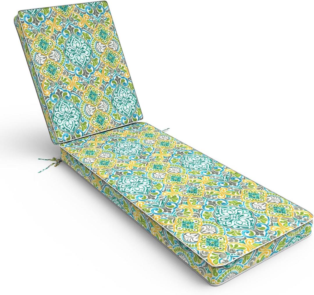 Outdoor Chaise Lounge Cushion for Patio Furniture 72 x 21 x 3 Inch, Water Resistant Patio Lounge Chair Cushion with Straps for Lawn Pool Furniture,Damask Green