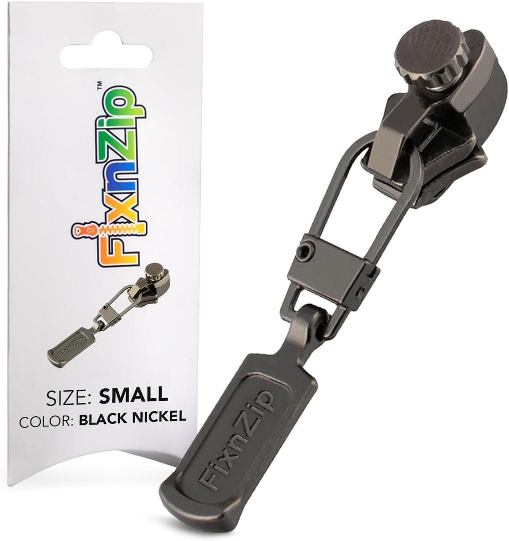 FixNZip Small Black Nickel Zipper Repair Kit | Universal No-Sew Slider Replacement for Pants, Skirts, Fine Garments, and Handbags | Instant and Reusable Zipper Repair Tool | Sizes 1-4