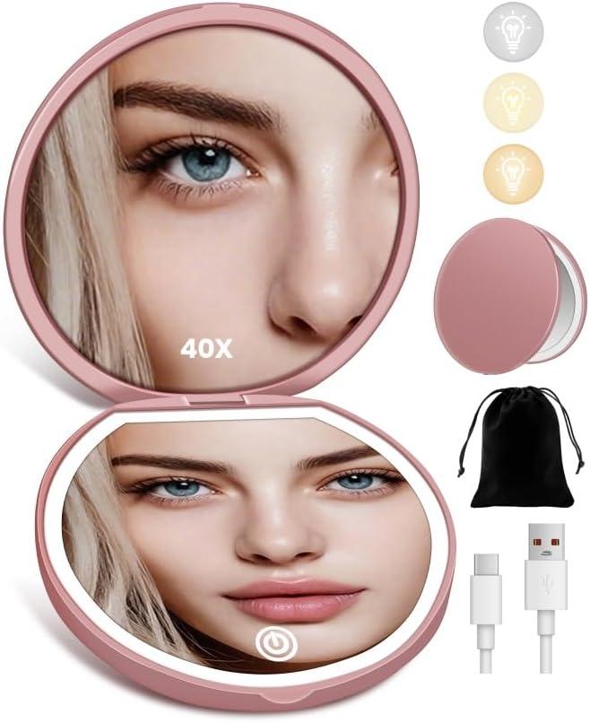 Compact Mirror with Light, Rechargeable 40X Magnifying Mirror with 3 Lighting Modes & Dimmable Brightness, Portable Travel Makeup Mirror; Essentials for Travel, Pocket, Purse Gifts Rose