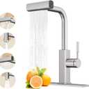 Waterfall Kitchen Faucet with Pull Down Sprayer, Hurran Stainless Steel Kitchen Sink Faucet with 4 Modes(Sweep/Stream/Waterfall/Sprayer),360 Swivel Modern, Brushed Nickel