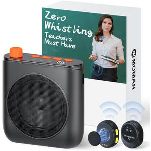 Moman Voice Amplifier with 2 Wireless Lavalier Microphone, Zero Whistling Low Latency Portable Speaker and Microphone, PA System with Wireless Mic for Teachers Classroom Yoga Tour Guide Meeting (Black)