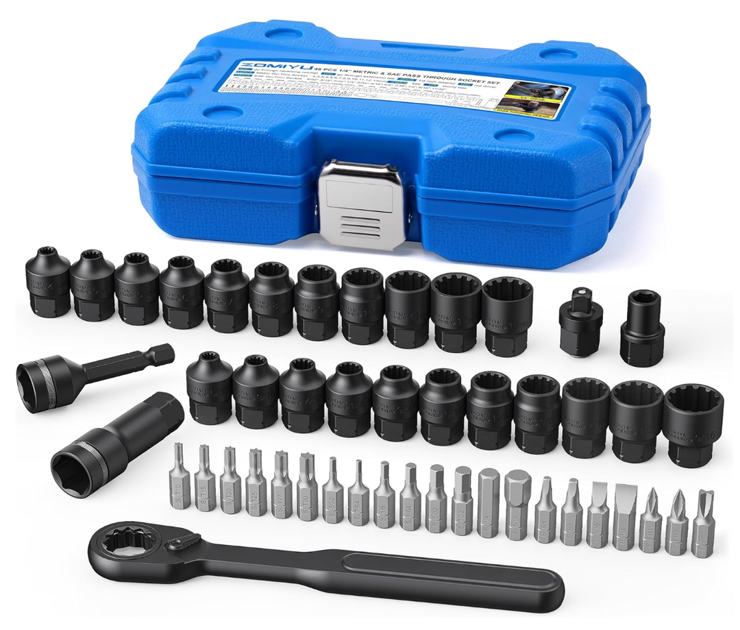 1/4-Inch Pass Through Socket Set, 48-Piece SAE & Metric 12-Point Go-Thru Sockets with 2-in-1 Ratchet (72-Tooth), Adapter, Extension Bar & Sturdy Case, CR-V Steel