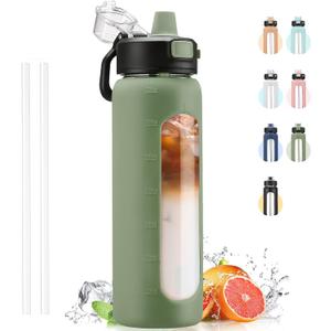Kodrine Water Bottle With Straw and Carry Handle, Glass Water Bottle 24 oz Leak Proof Locking Lid with Soft Silicone Spout, Reusable Drinking Cups for Travel Sports with Time Marker,Olive