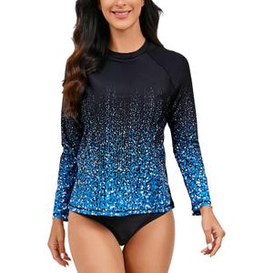 Halcurt Womens Long Sleeve Rash Guard Swim Top with Built in Bra UPF50+ Sun Protection Swim Shirts Quick Dry Swimsuit (Medium, Ombre Black Blue)