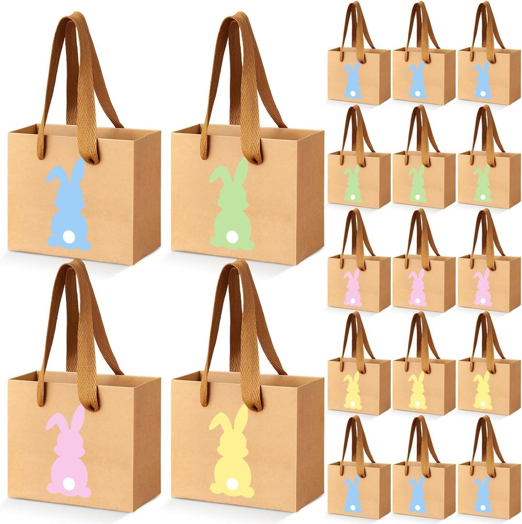 Tenceur 24 Pieces Mini Kraft Easter Gift Bags with Handle 4.72 x 3.94 x 2.36 Small Bunny Paper Treat Bags for Easter Party Favor Supplies Gifts Wrapping