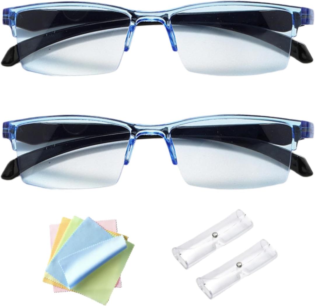 2 Pcs Auto Focus Glasses, Self Adjusting Vision Glass Anti-Blue Automatic Smart Zoom Reading Presbyopia Intelligent Dual Focus As Seen On Tv With Case And Glasses Cloth For Men Women (Blue)