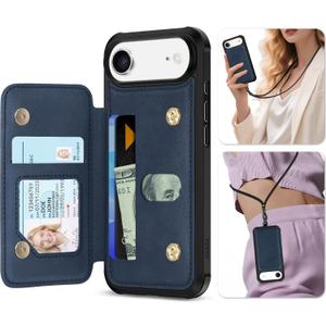 TUCCH Card Wallet Case for iPhone Air (6.5") 2025, RFID Blocking 3 Card Holders, Crossbody Lanyard Strap, Magnetic Closure, Clear ID Window, Undetachable, PU Leather, Shockproof Phone Cover, Dark Blue