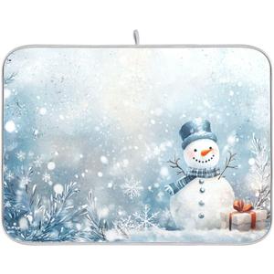 Winter Snowman Silver Dish Drying Mat for Kitchen Countertop 18x24 Christmas Snowflake White Xmas Large Drying Mat Reusable Quick Dry Dish Sink Mats Easy Clean Decorative Essentials