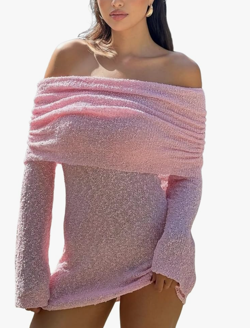 Unybwonn Women's Off Shoulder Mini Short Dress Bodycon Long Sleeve Crochet Sexy Going Out Mesh Elegant Sweater Dresses,S
