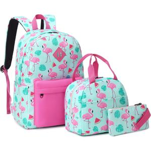 Flamingo School Backpack for Teen Girls, 3-in-1 Kids Backpack Bookbag Set School Bags with Lunch Box Pencil Case