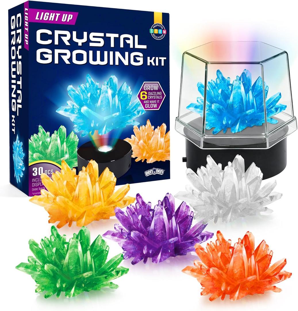 BenBen Crystal Growing Kit for Kids, Grow 6 Crystals with Light Up Display Stand, Educational STEM Toys for Girls and Boys, Science Kit for Kids Age 8-14, Birthday Gifts Science Experiments