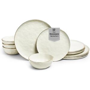 Sango 12-Piece Luxury Stoneware Dinnerware Set for 4, Glossy White Plates and Bowls Sets with Gold Rims, Ceramic Dish Set, Elegant Dishes for Everyday Dining, Microwave & Dishwasher Safe, Gansevoort
