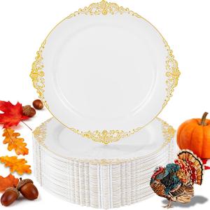 Nervure 100Pcs White and Gold Plastic Plates - 10.25Inch Gold Disposable Plates - Heavyweight Dinner Plate for Wedding & Party & Thanksgiving