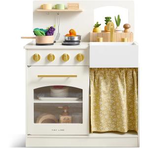 Tiny Land Toddler Kitchen Playset, Wooden Play Kitchen Set Toy with Cutting Food & Cookware, Oven, Clicking Knobs, Stove and Sink, Small Toy Kitchen Gift for 1-3 Year Old Kids, Girls & Boys - Cream, Large