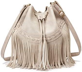 Leather Bucket Bags for Women Crossbody Fringe Purses with Drawstring Ladies Tassel Hobo and Shoulder Handbags