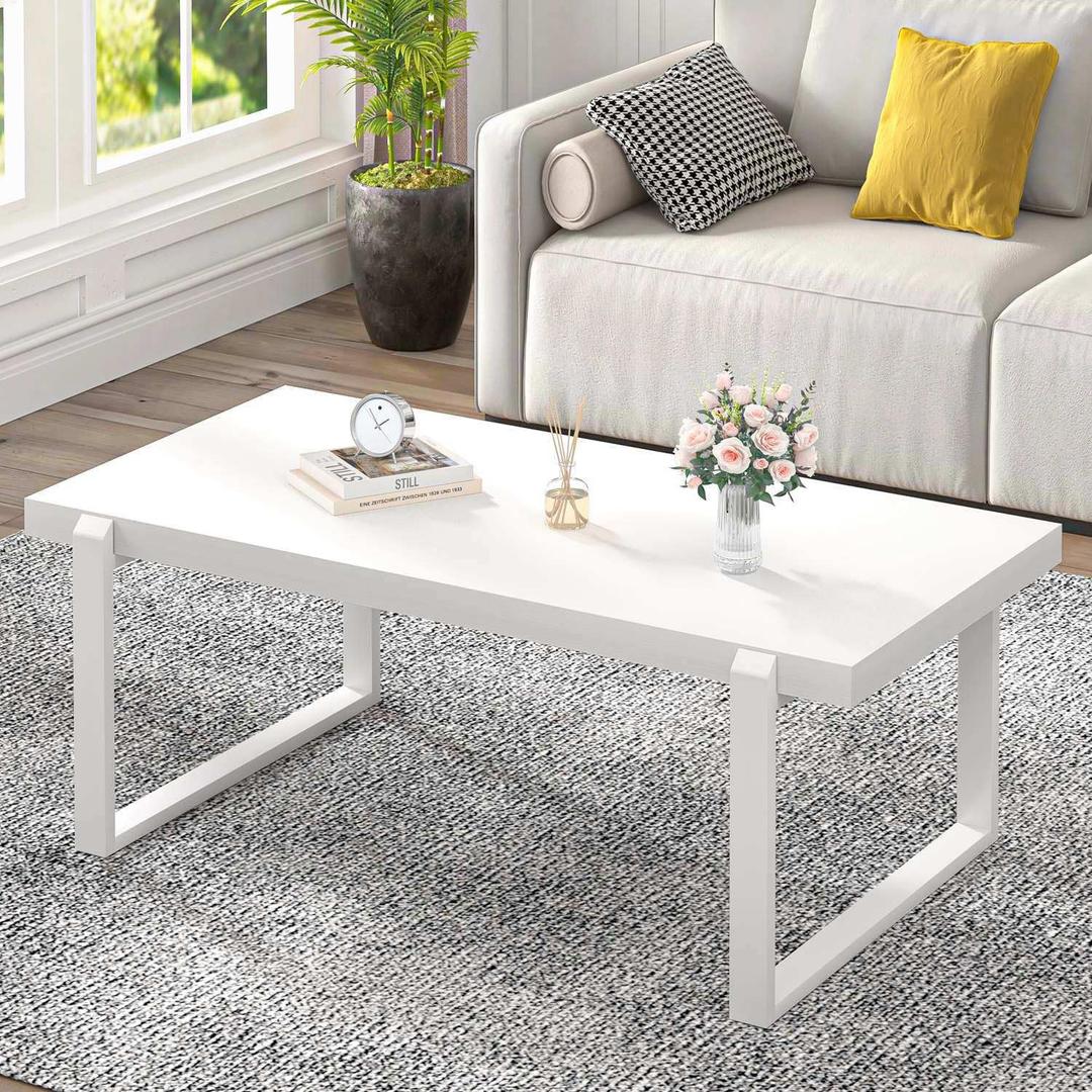 EXCEFUR Small Coffee Table, Modern Minimalist Wood and Metal Center Table for Living Room, Rustic Cocktail Tea Table for Office, White Oak, 44 Inch
